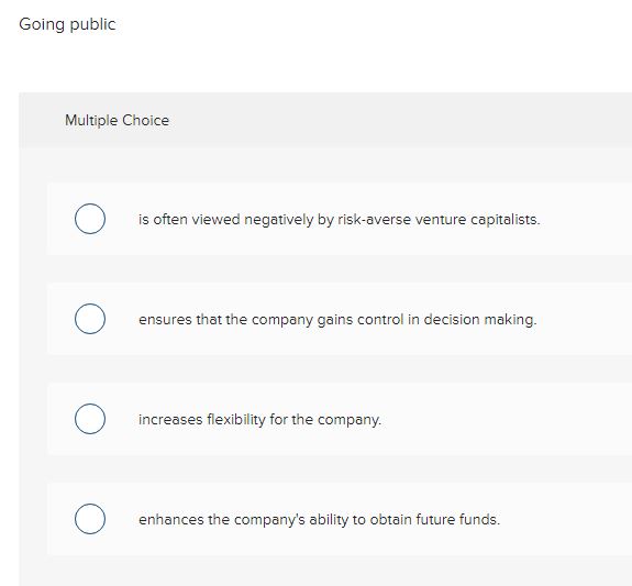  Going public Multiple Choice is often viewed negatively by risk-averse venture