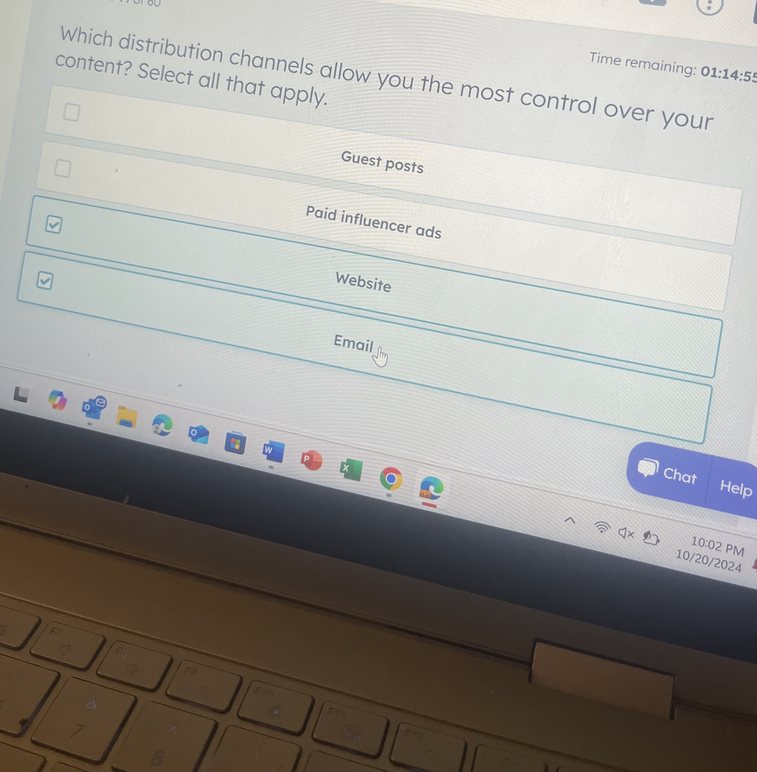  Time remaining: 01:14:5 Which distribution channels allow you the most control