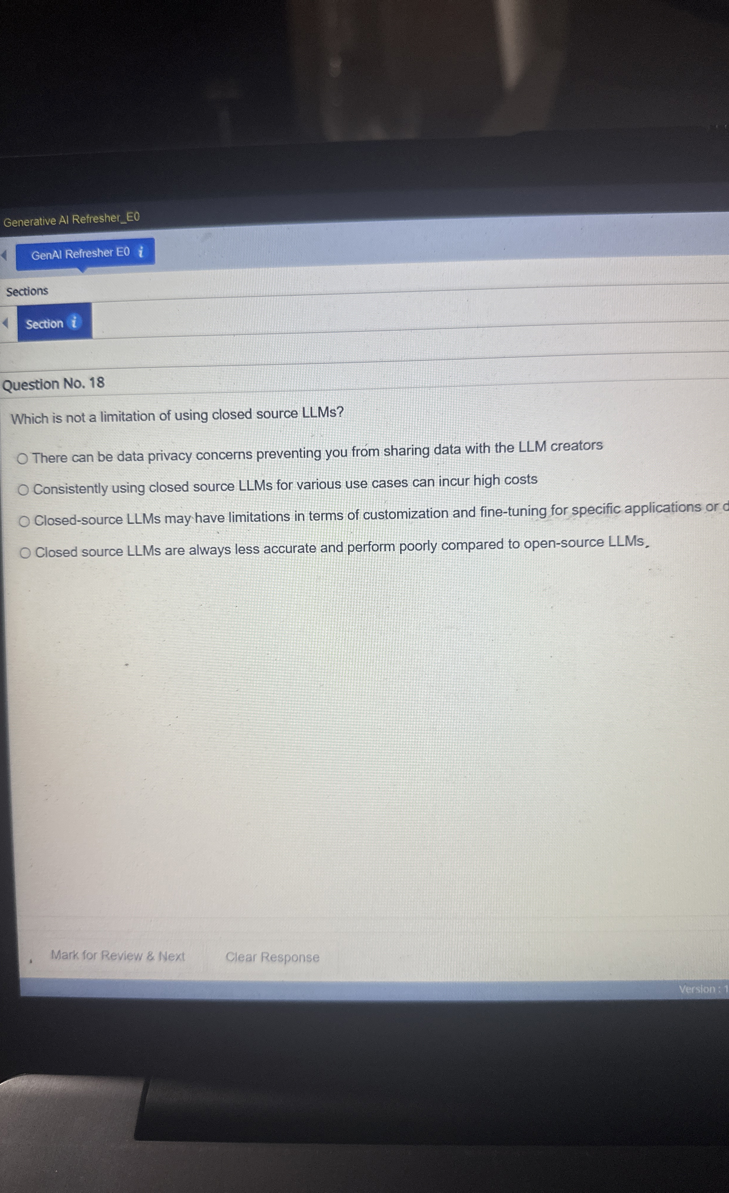  Generative Al Refresher_E0 GenAl Refresher E0i Sections Question No.18 Which is