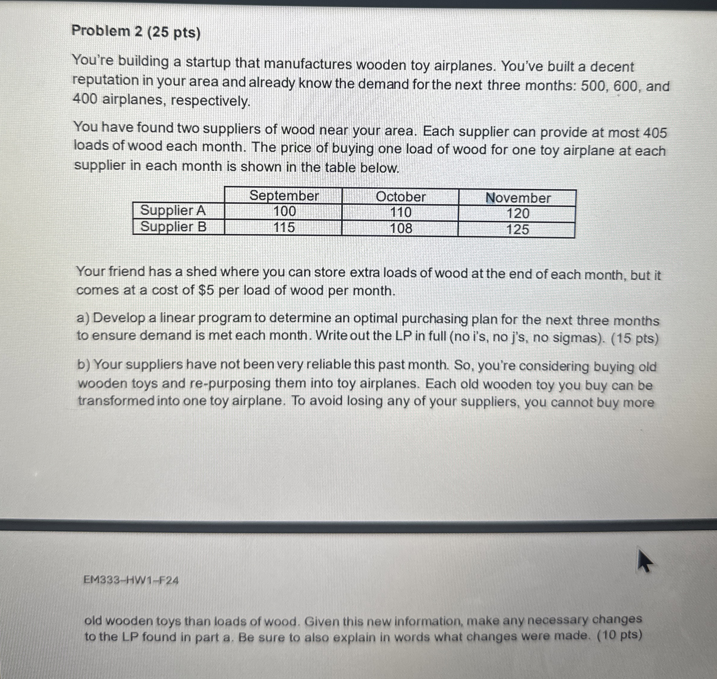  Problem 2(25 pts) You're building a startup that manufactures wooden toy