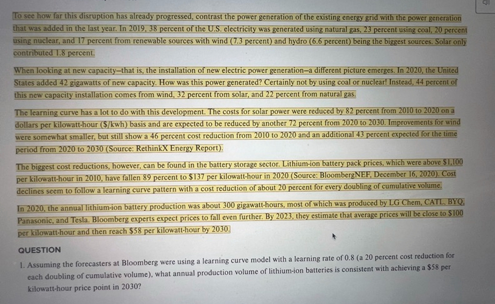  assuming the forecasters at bloomberg were using a learning curve model
