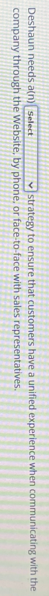  Deshaun needs a(n)_____ strategy to ensure that customers have a unified