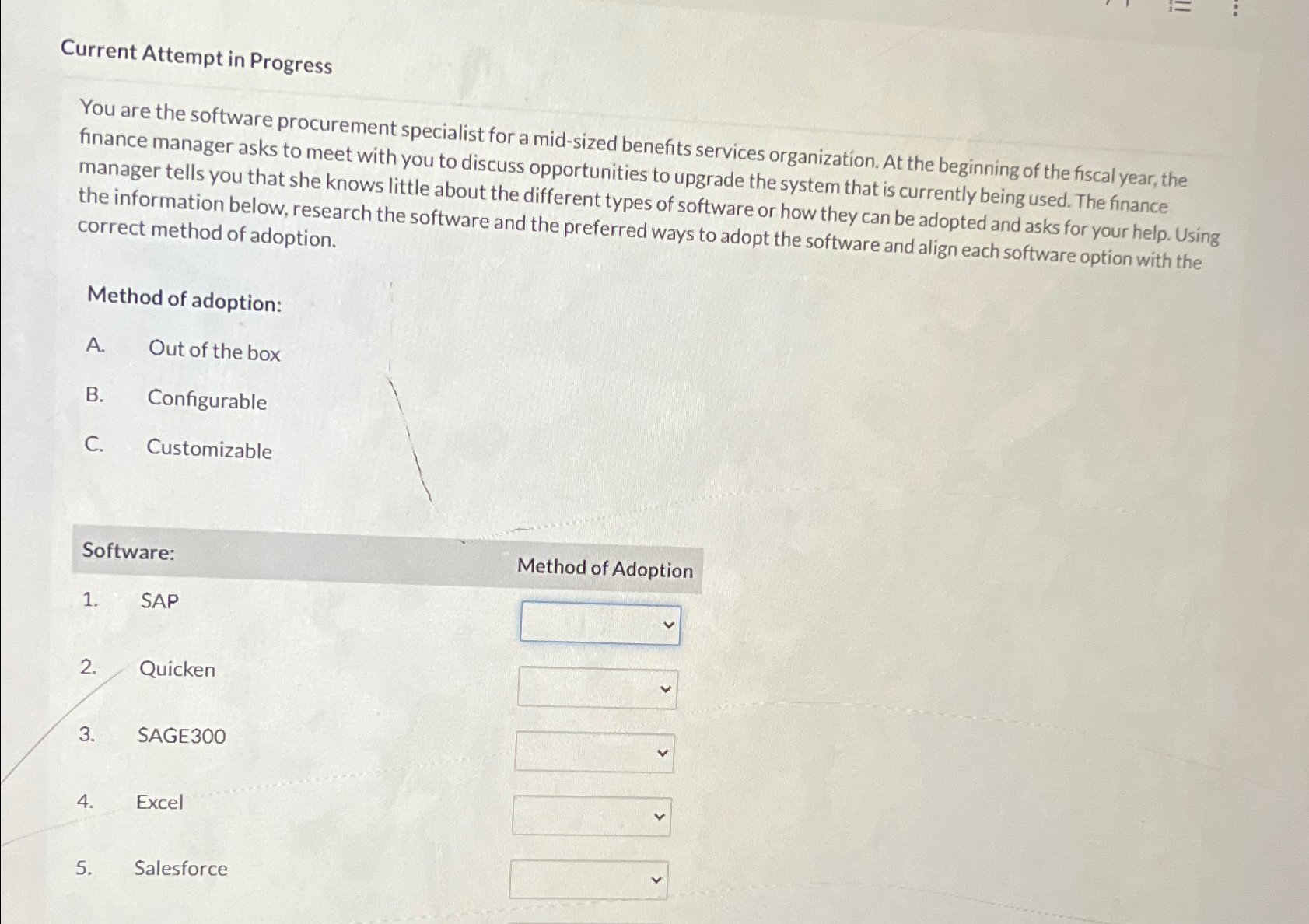  Current Attempt in Progress You are the software procurement specialist for