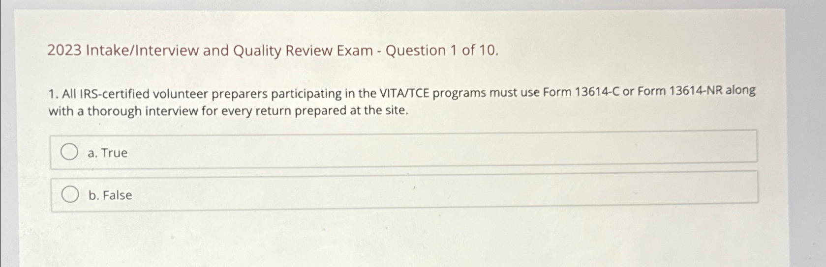  2023 Intake/Interview and Quality Review Exam - Question 1 of 10.