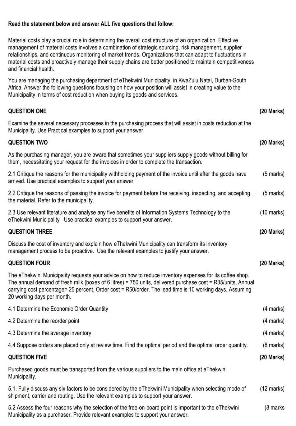  Read the statement below and answer ALL five questions that follow: