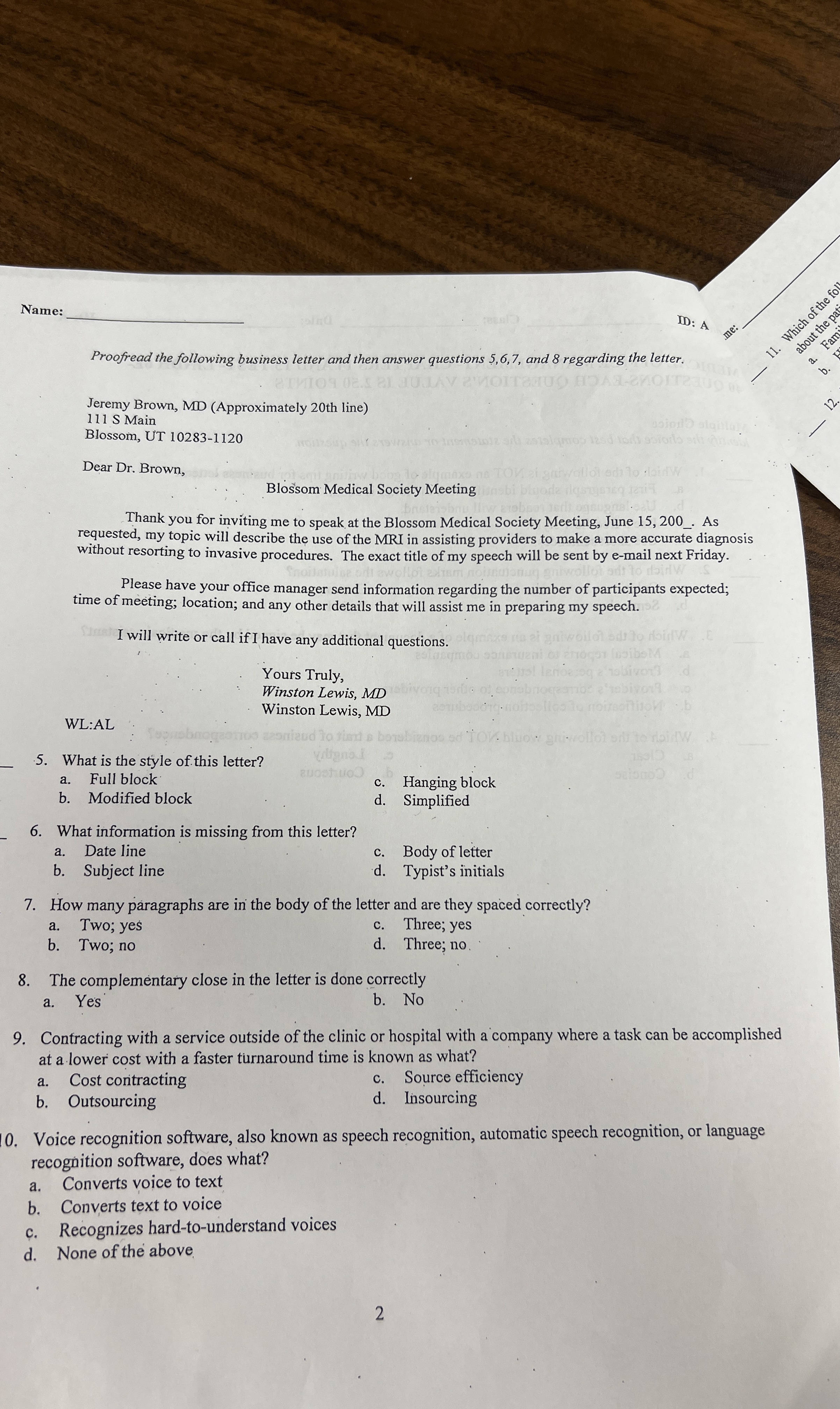  Name: q, DO: A Proofread the following business letter and then