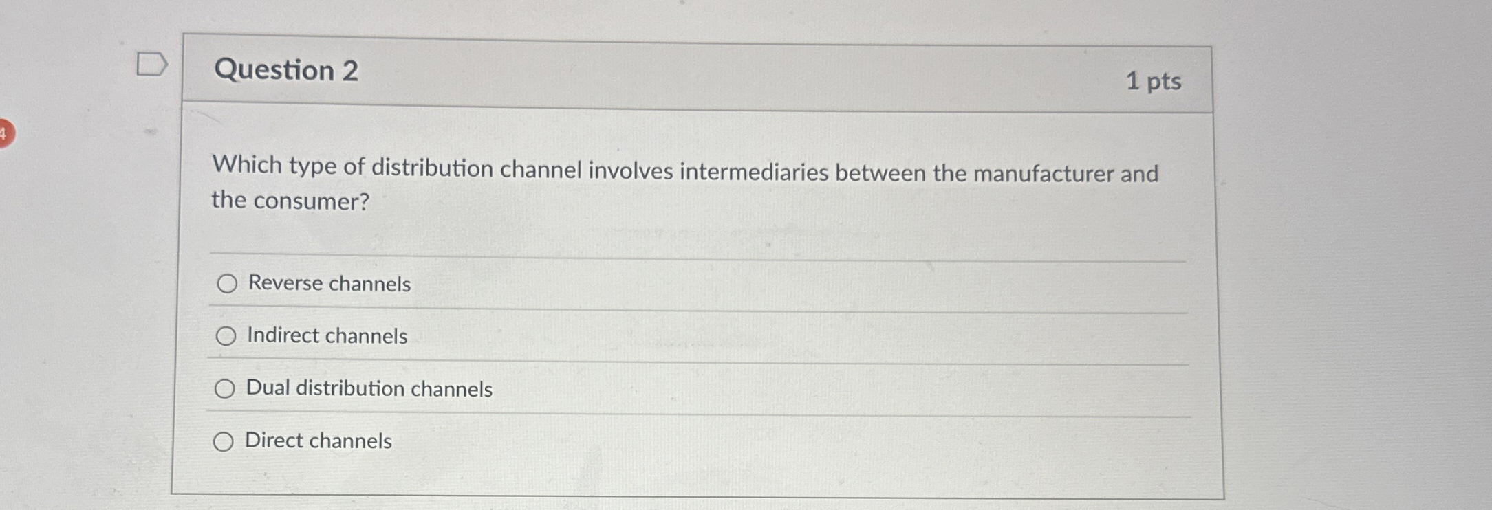  Question 2 1 pts Which type of distribution channel involves intermediaries