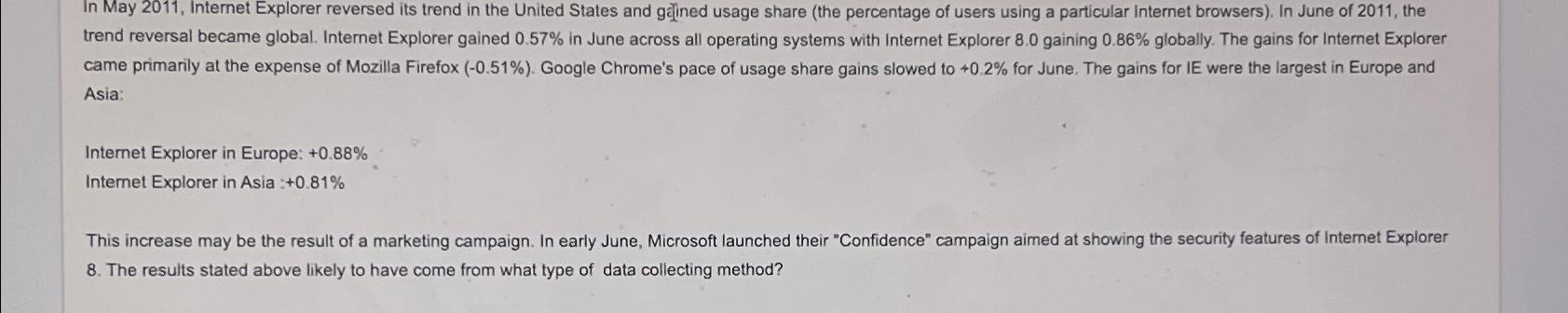  In May 2011, Internet Explorer reversed its trend in the United