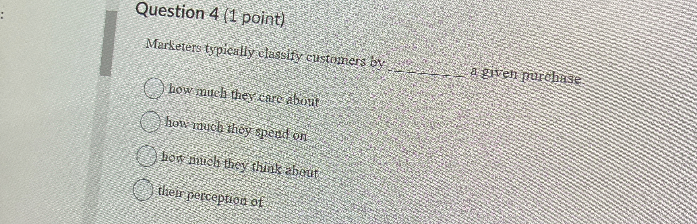  Question 4(1 point) Marketers typically classify customers by q, a given
