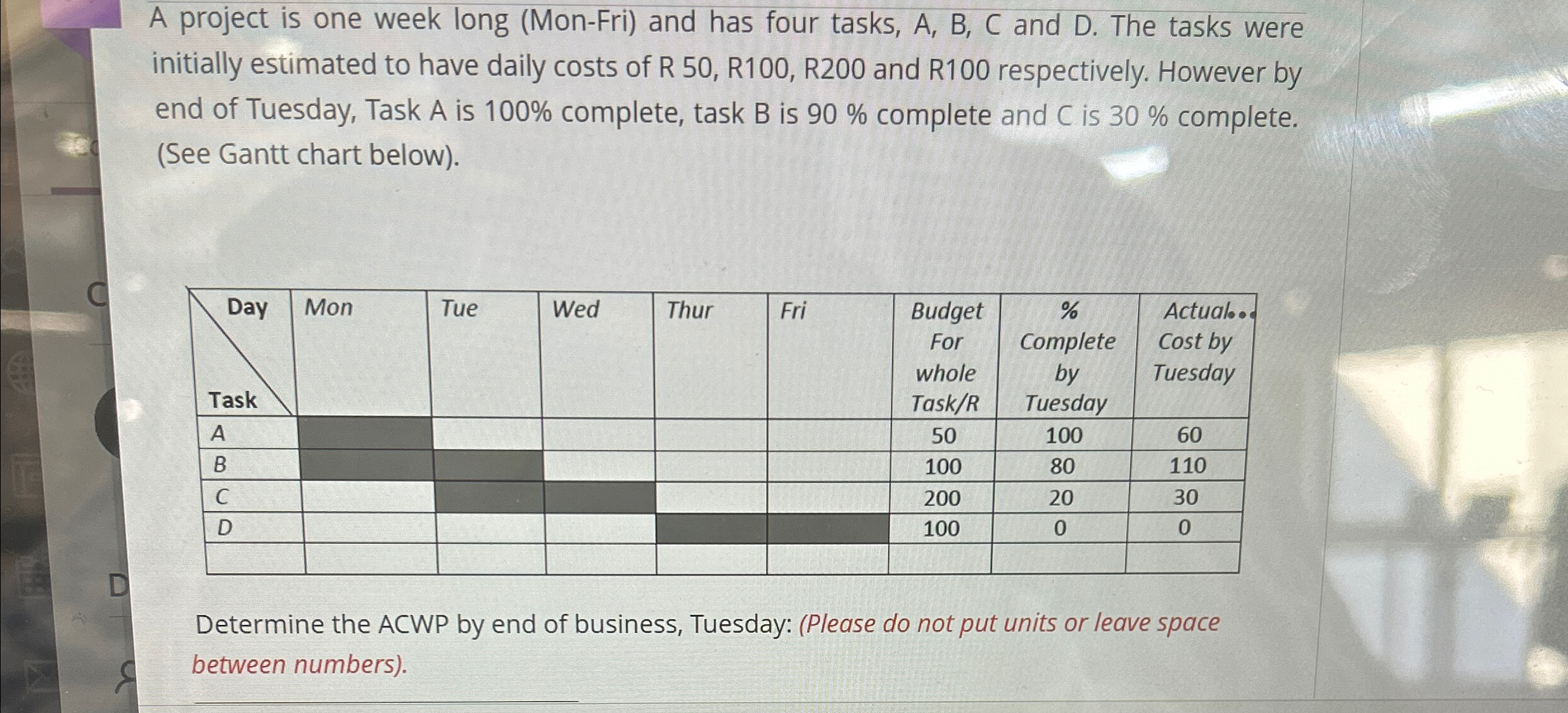  A project is one week long (Mon-Fri) and has four tasks,