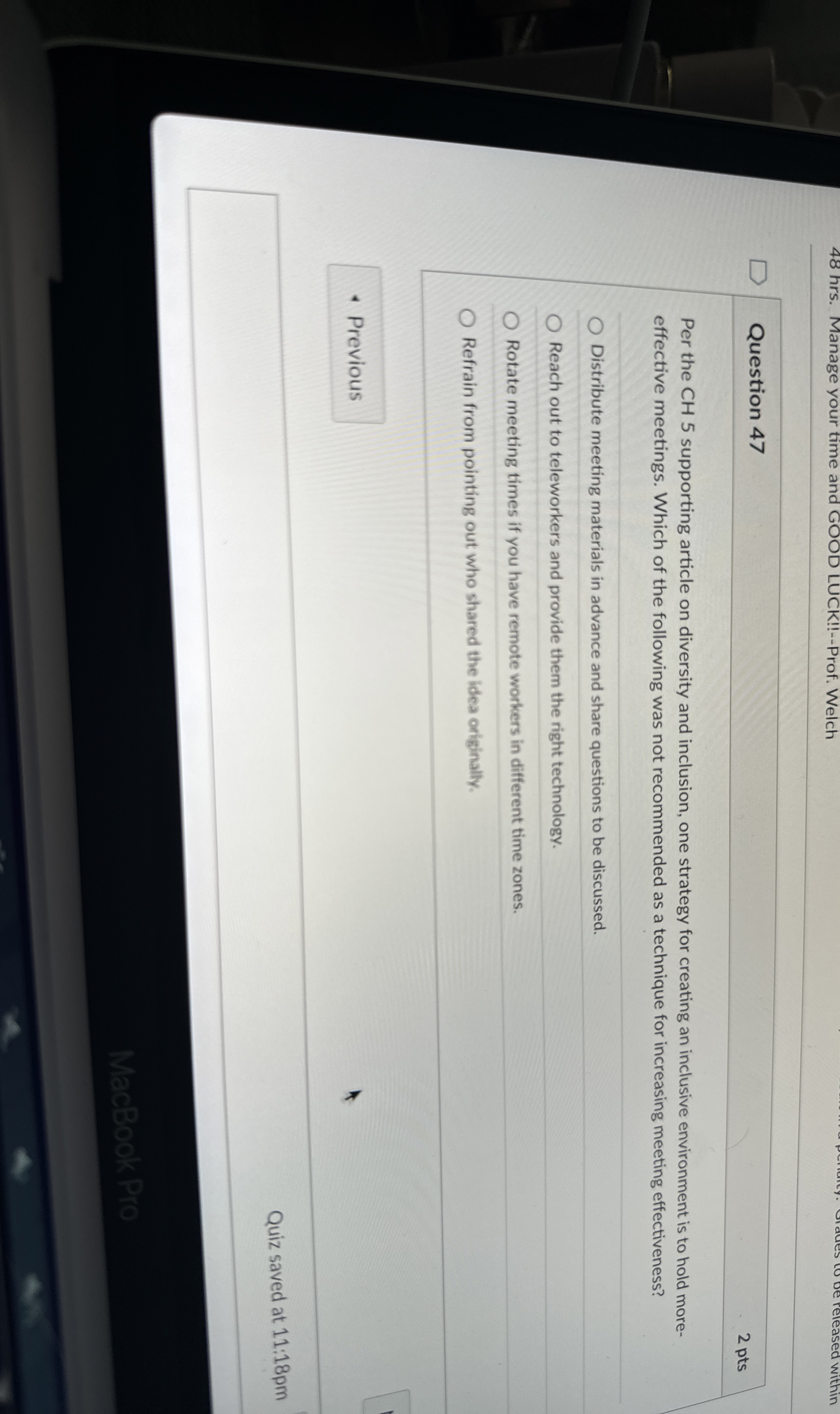  Question 47 Per the CH 5 supporting article on diversity and