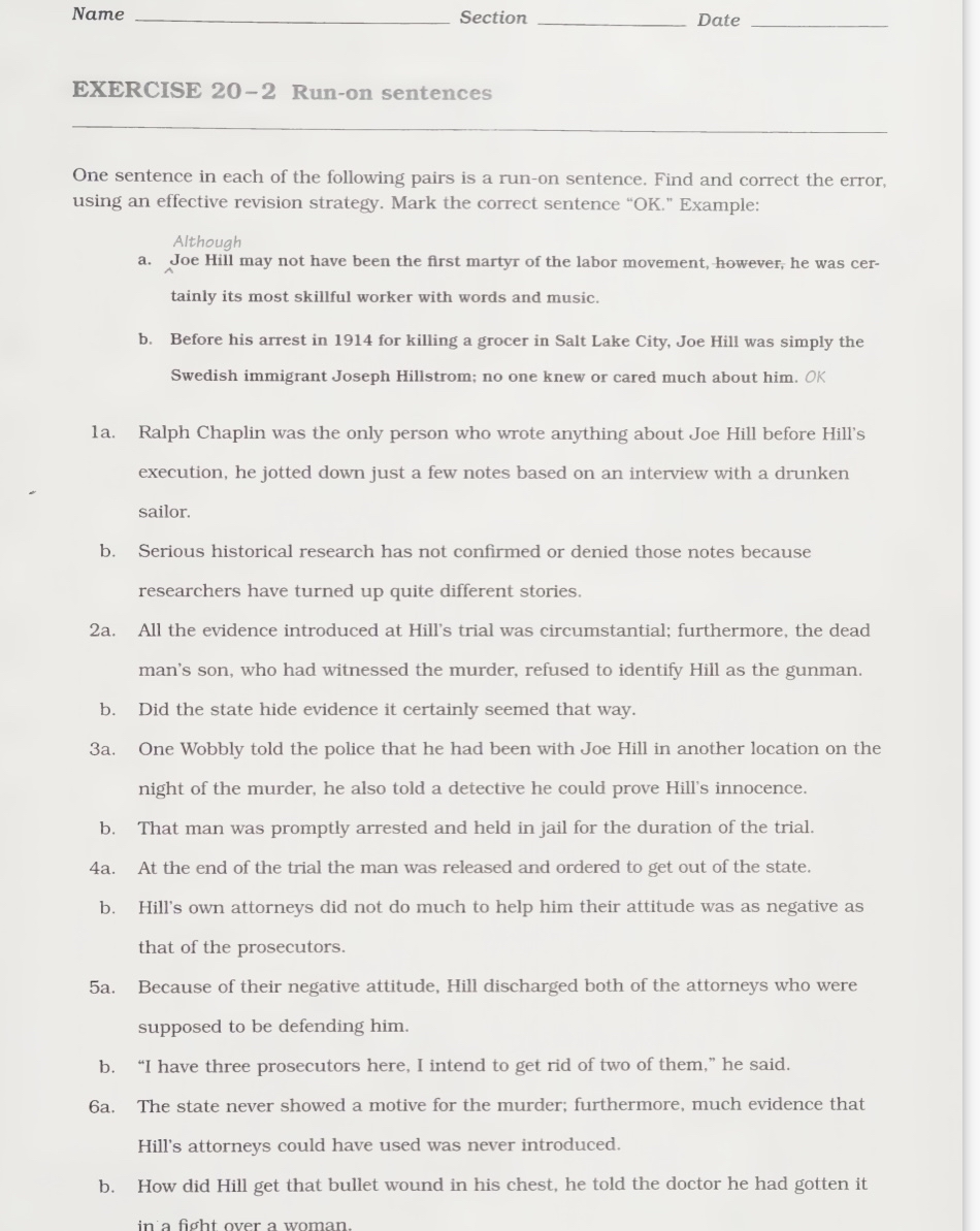  Nam. Section Date EXERCISE 20-2 Run-on sentences One sentence in each