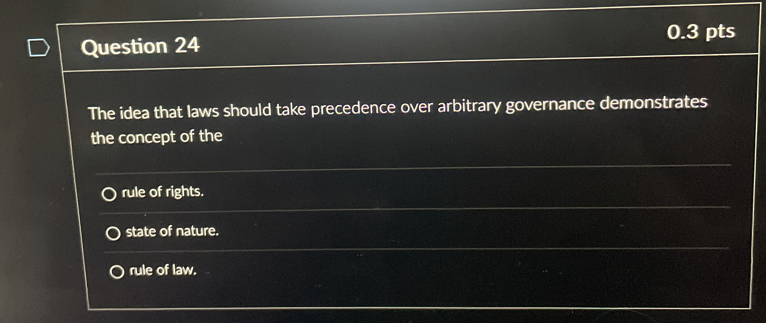  Question 24 0.3 pts The idea that laws should take precedence