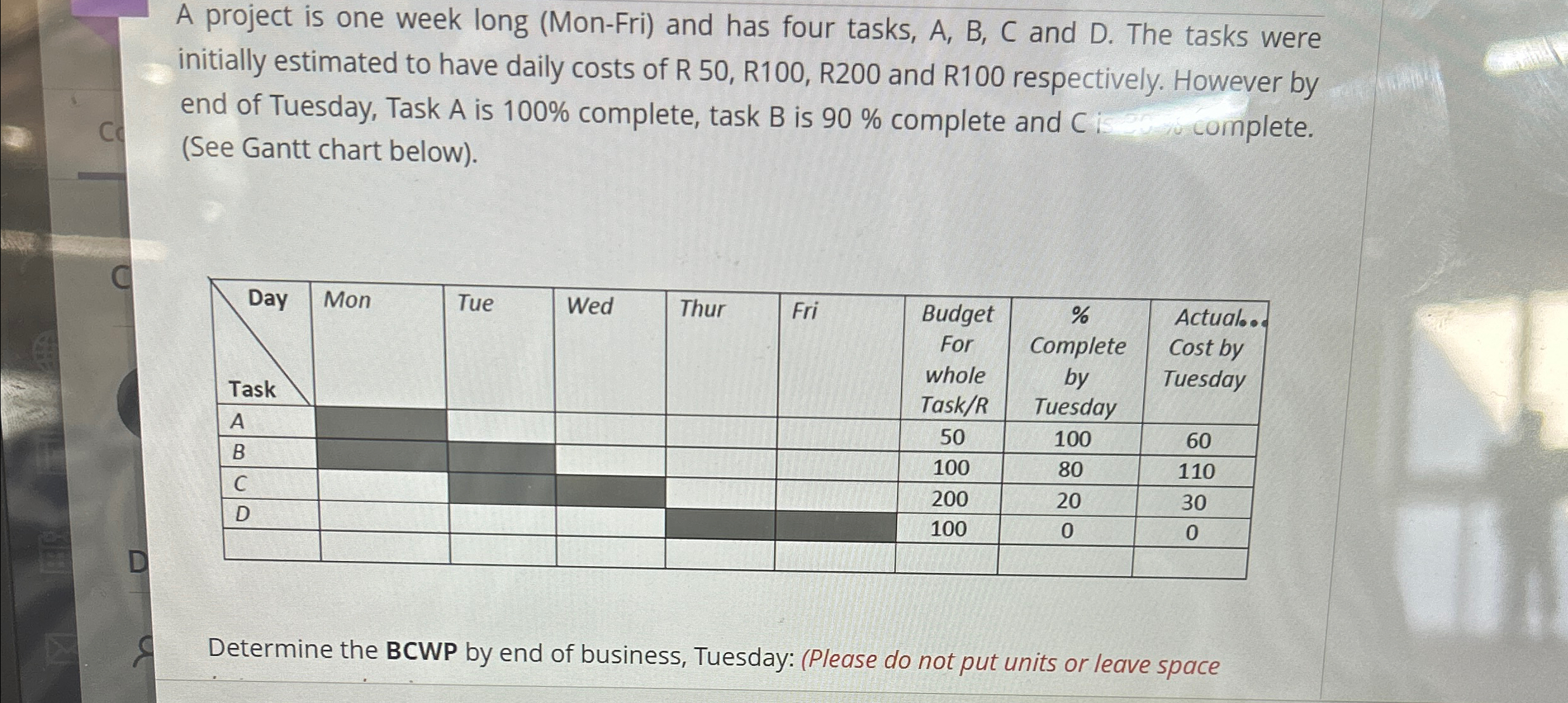  A project is one week long (Mon-Fri) and has four tasks,