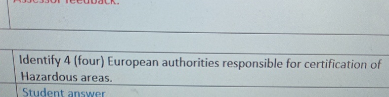  Identify 4(four) European authorities responsible for certification of Hazardous areas. Student