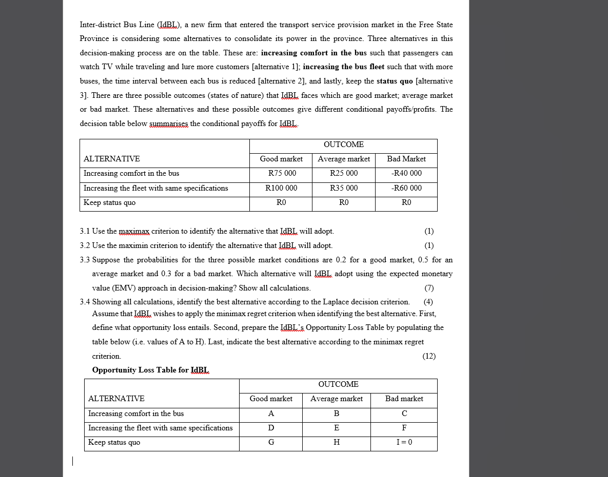  Inter-district Bus Line (IdBL), a new firm that entered the transport