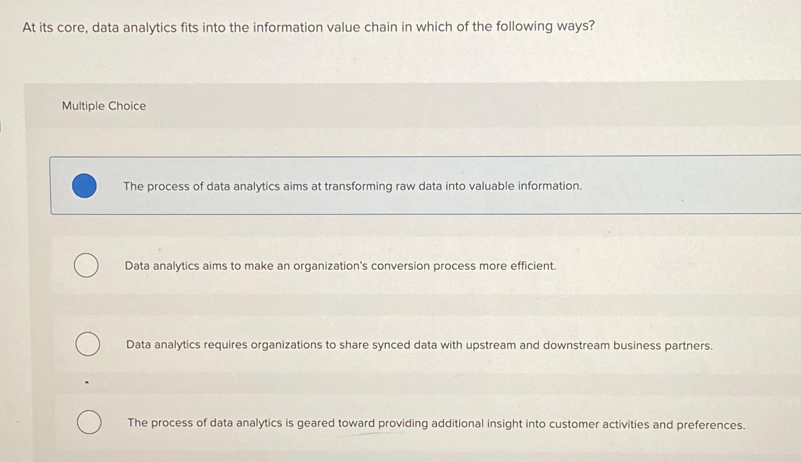  At its core, data analytics fits into the information value chain