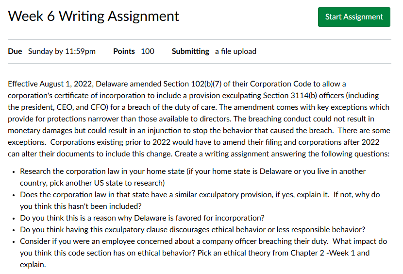  Week 6 Writing Assignment Due Sunday by 11:59pm Points 100, Submitting