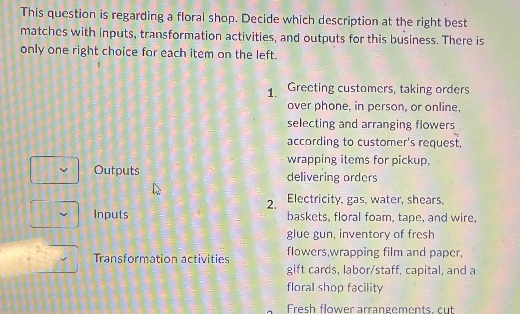  This question is regarding a floral shop. Decide which description at