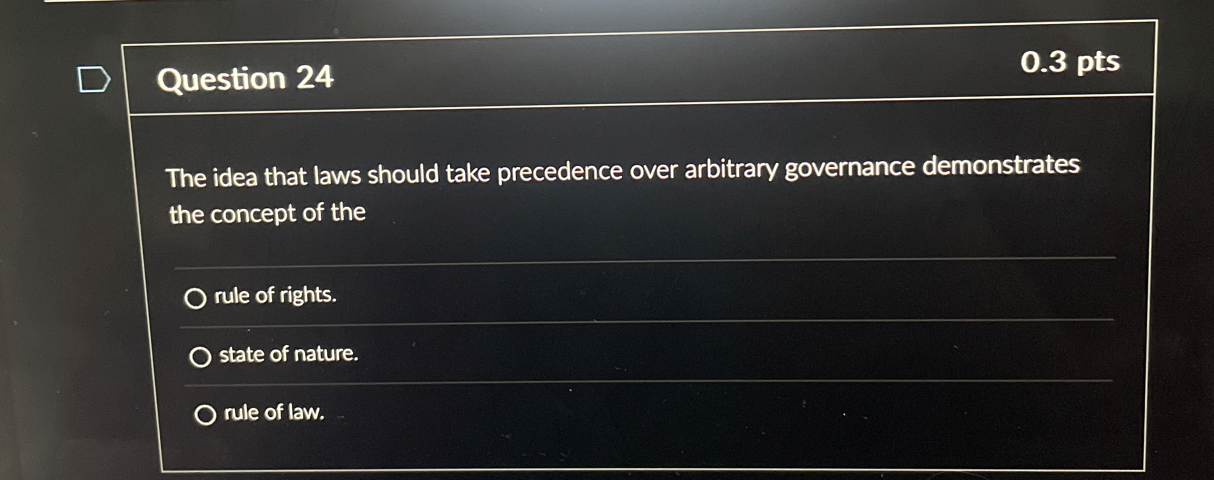  Question 24 0.3 pts The idea that laws should take precedence