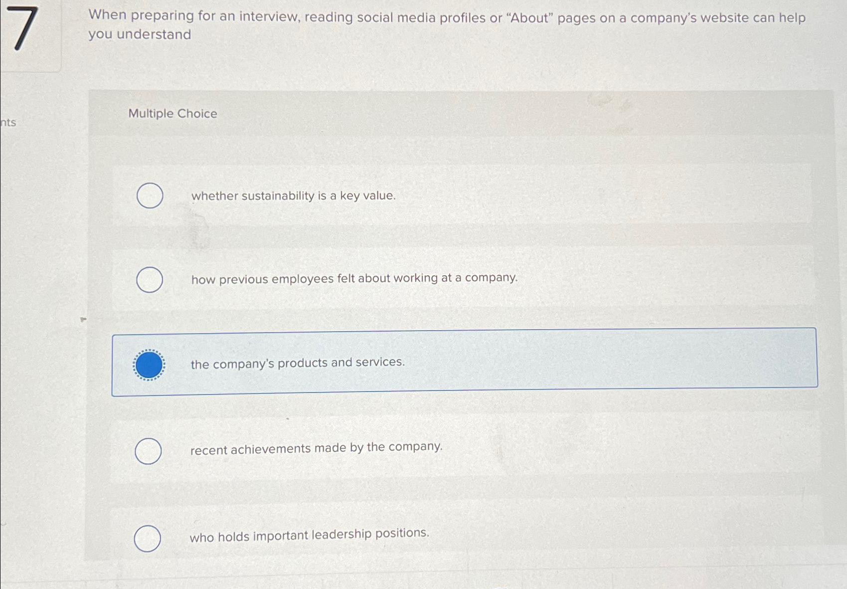  When preparing for an interview, reading social media profiles or "About"