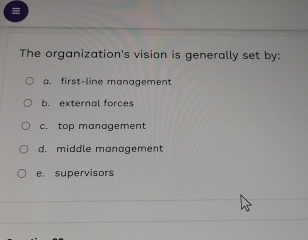  The organization's vision is generally set by: a. first-line management b.