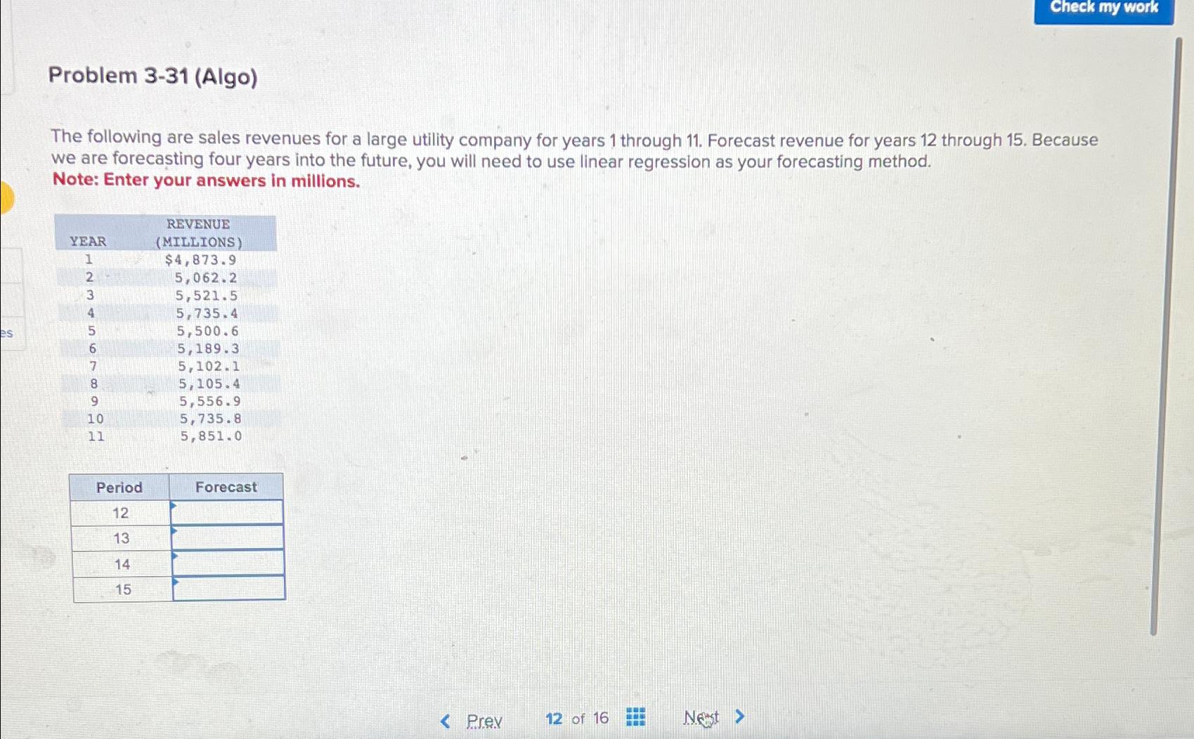  Check my work Problem 3-31(Algo) The following are sales revenues for