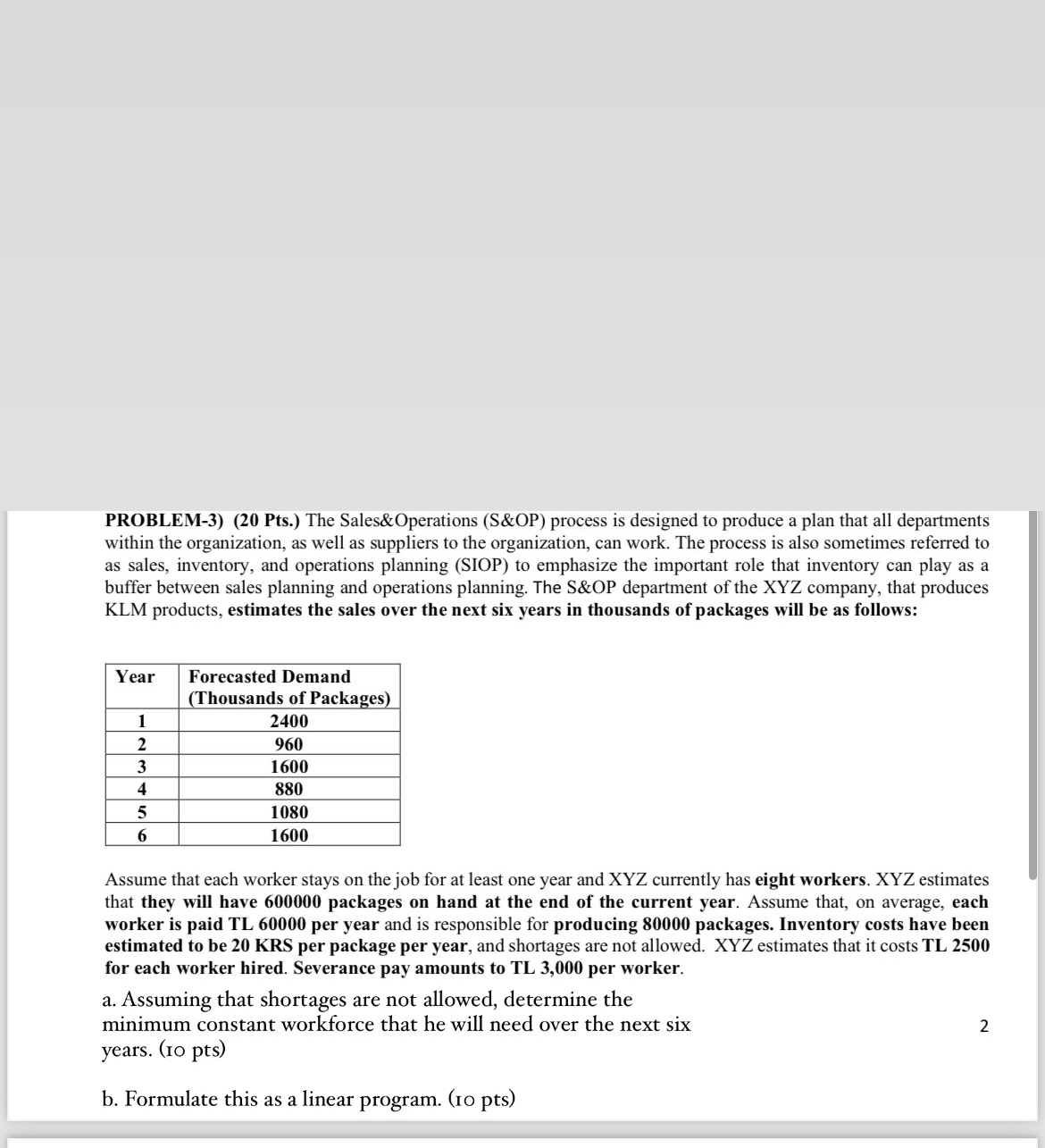  PROBLEM-3)(20 Pts.) The Sales&Operations (S&OP) process is designed to produce a