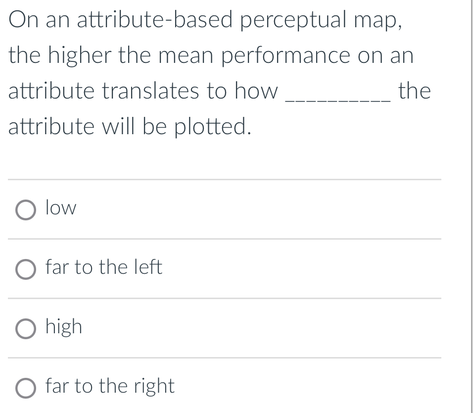  On an attribute-based perceptual map, the higher the mean performance on