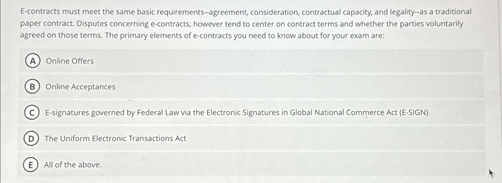  E-contracts must meet the same basic requirements--agreement, consideration, contractual capacity, and