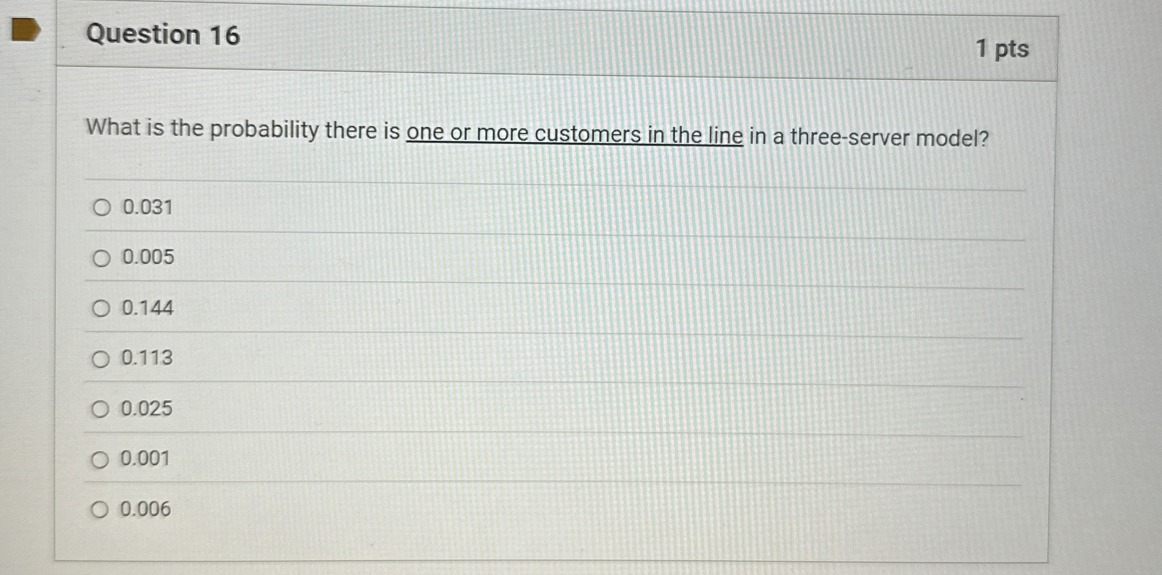  Question 16 1 pts What is the probability there is one