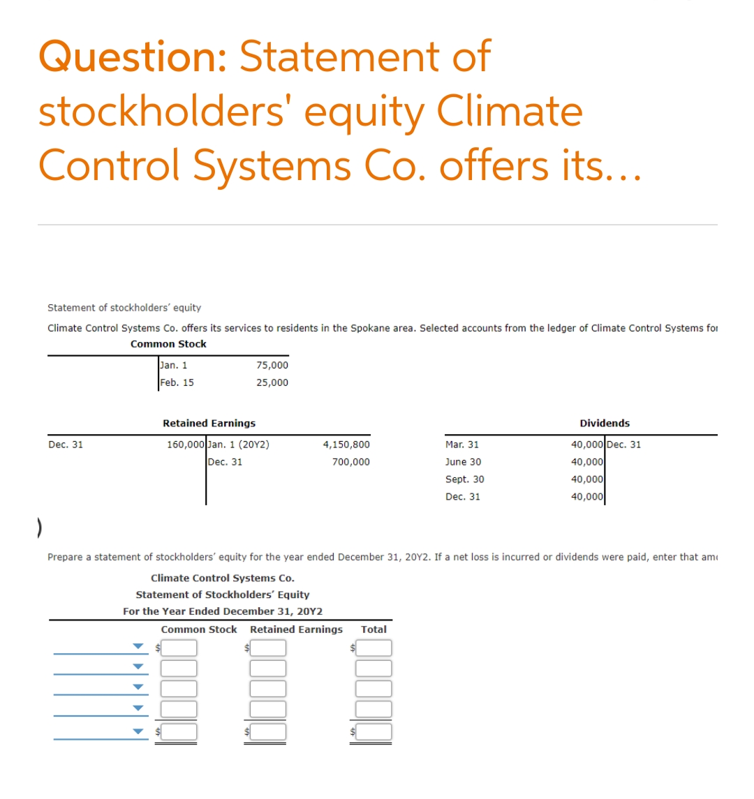 please help Question: Statement of stockholders' equity Climate Control Systems Co. offers