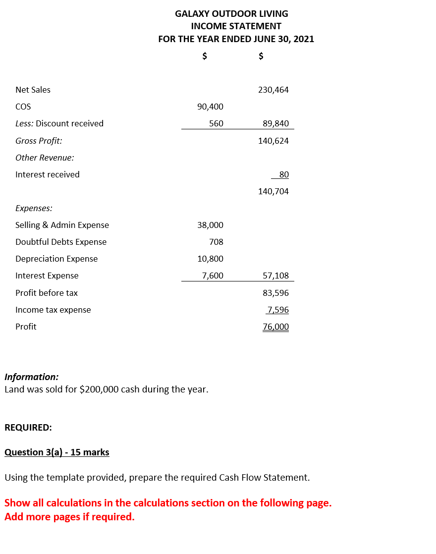 Statement template GALAXY OUTDOOR LIVING CASH FLOW STATEMENT FOR THE YEAR ENDED