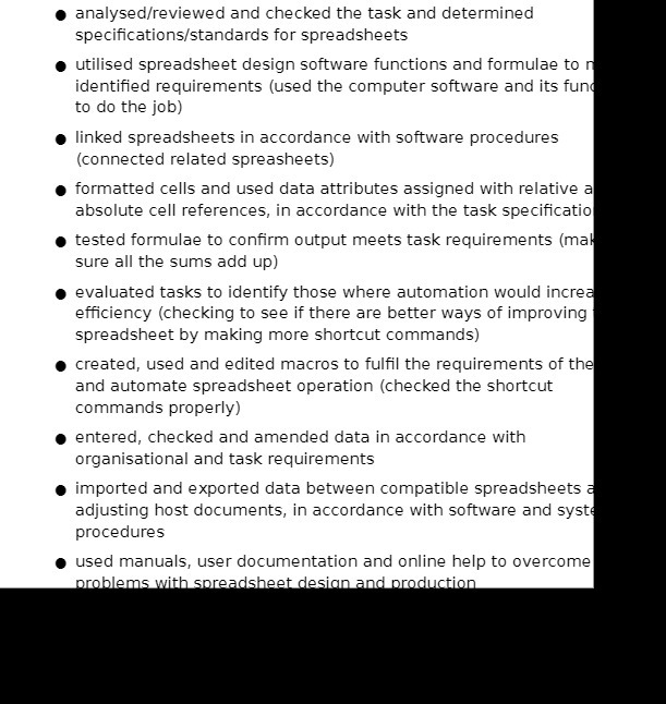  . analysed/reviewed and checked the task and determined specifications/standards for spreadsheets