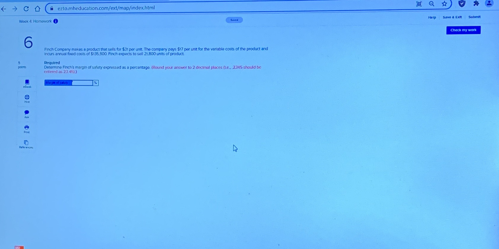 Acct301 Q F - CD ezto.mheducation.com/ext/map/index.html Saved Help Save & Exit Submit