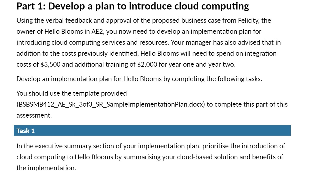 Part 1: Develop a plan to introduce cloud computing Using the