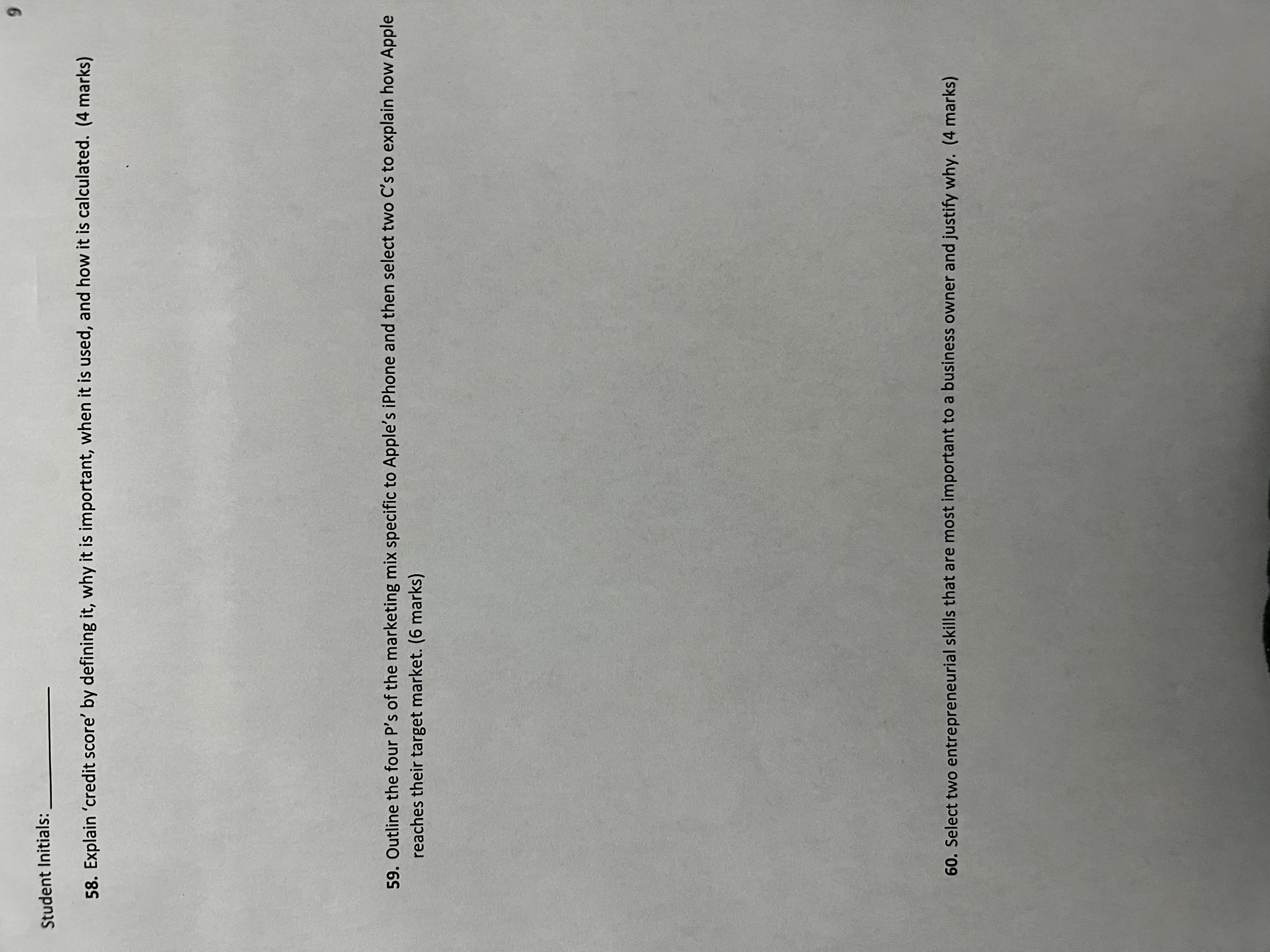 Student Initials: 58. Explain 'credit score' by defining it, why it