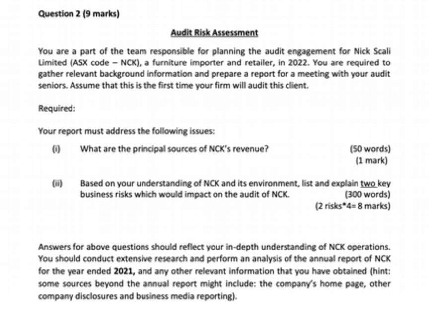  Question 2 (9 marks) Audit Risk Assessment You are a part
