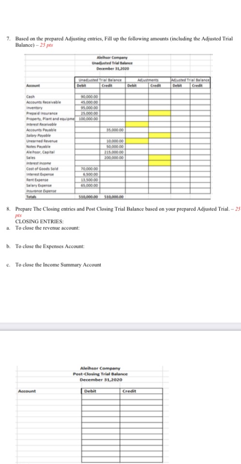 Please answer 7. Based on the prepared Adjusting entries, Fill up the