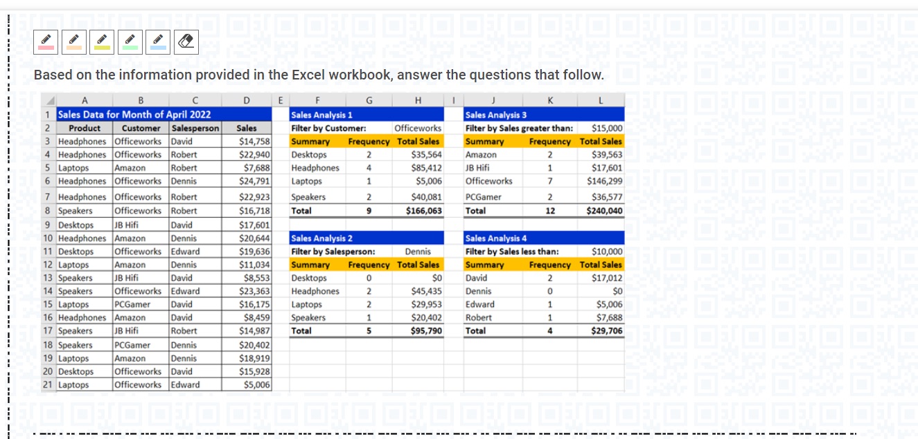  Based on the information provided in the Excel workbook, answer the