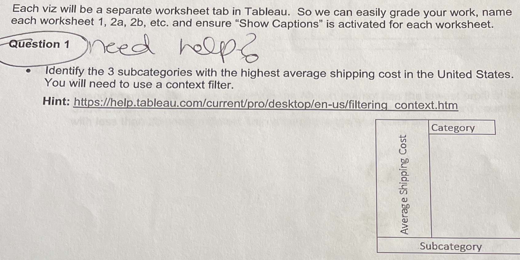 I need help with tableau assignment. I am struggling with filtering, finding