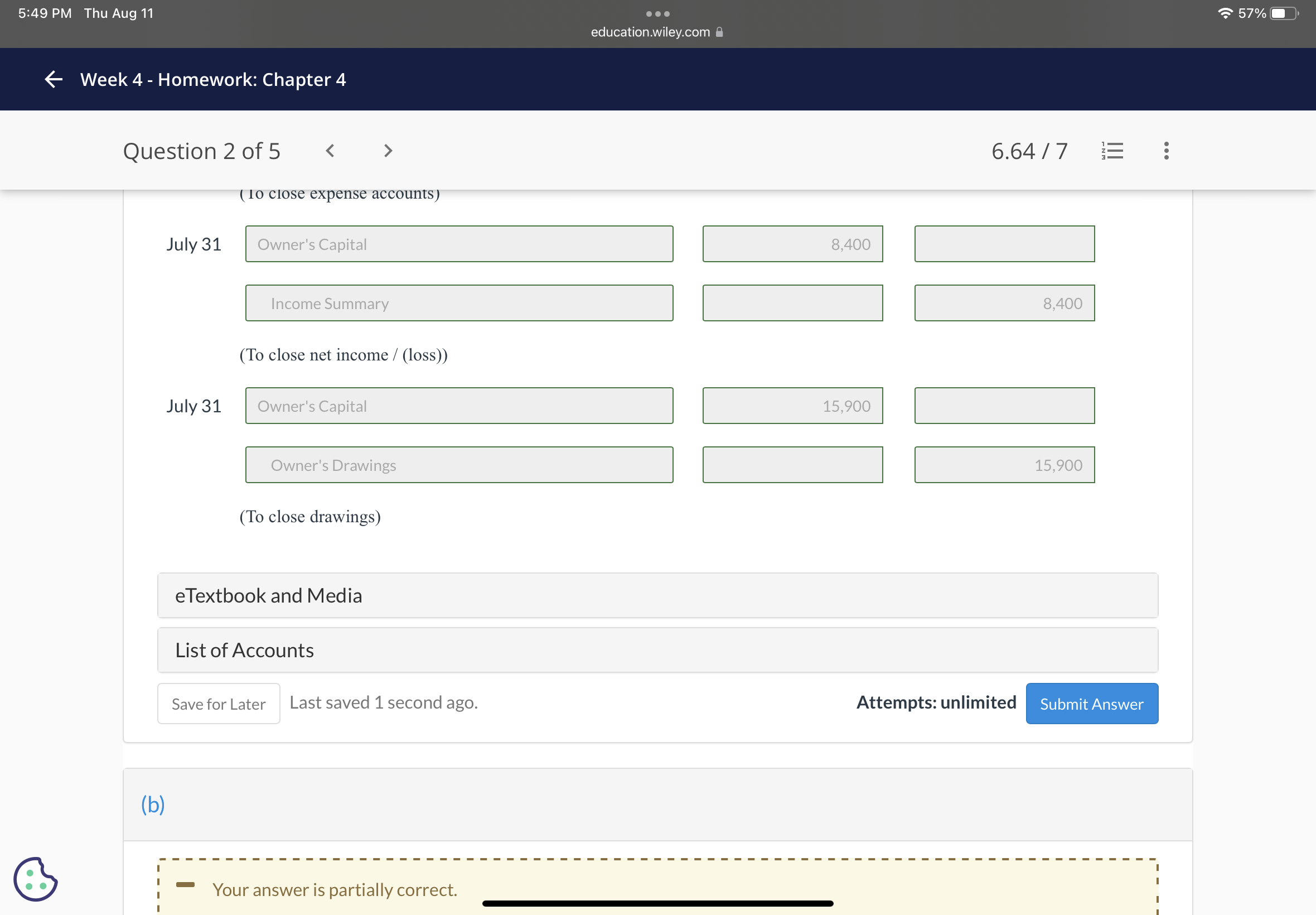  5:49 PM Thu Aug 11 . . . 57% education.wiley.com -