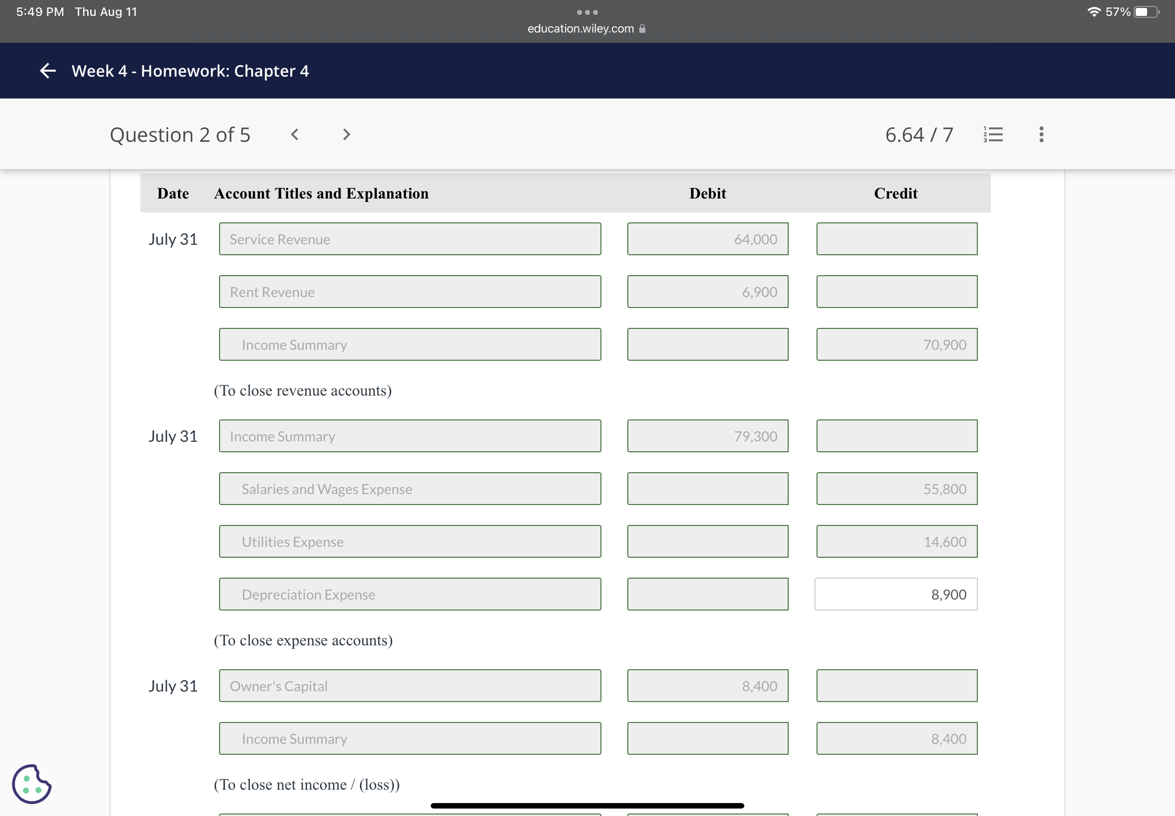 ( 10 close expense accounts) July 31 Owner's Capital 8,400 Income Summary