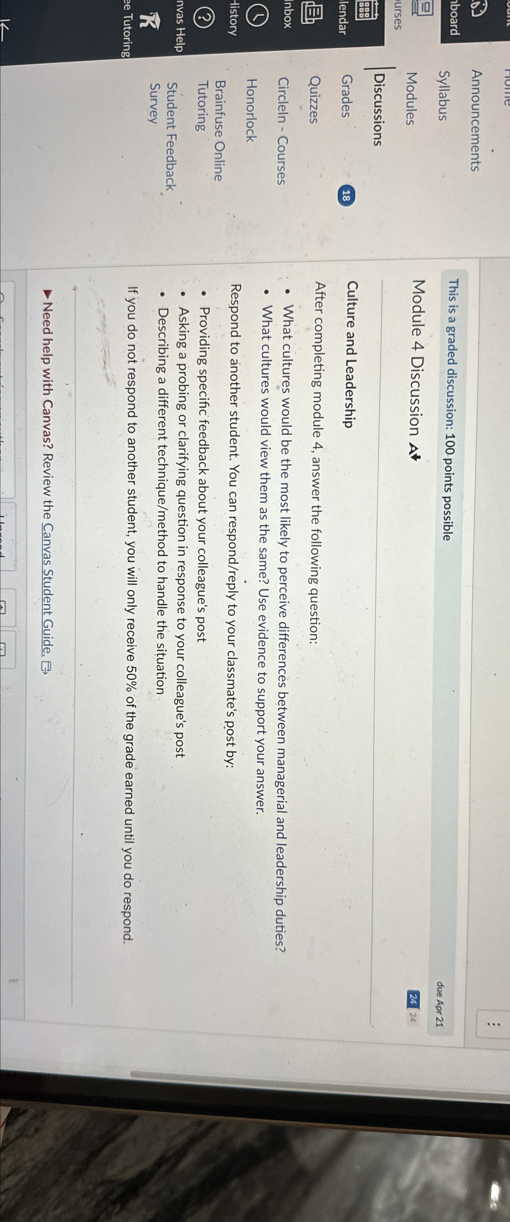  Announcements Syllabus Modules Discussions Grades Quizzes Circleln - Courses Honorlock Brainfuse