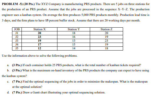  PROBLEM -5)(20 Pts.) The XYZ Company is manufacturing PRS products. There