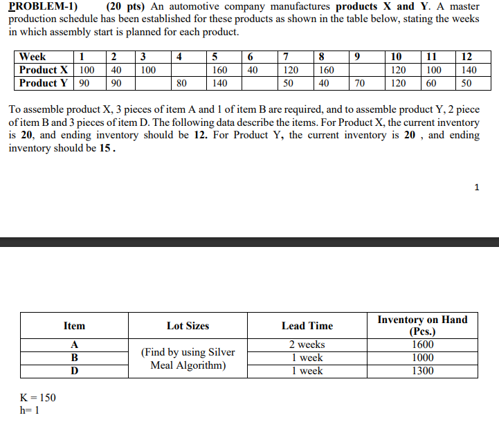  PROBLEM-1)(20 pts) An automotive company manufactures products x and Y. A