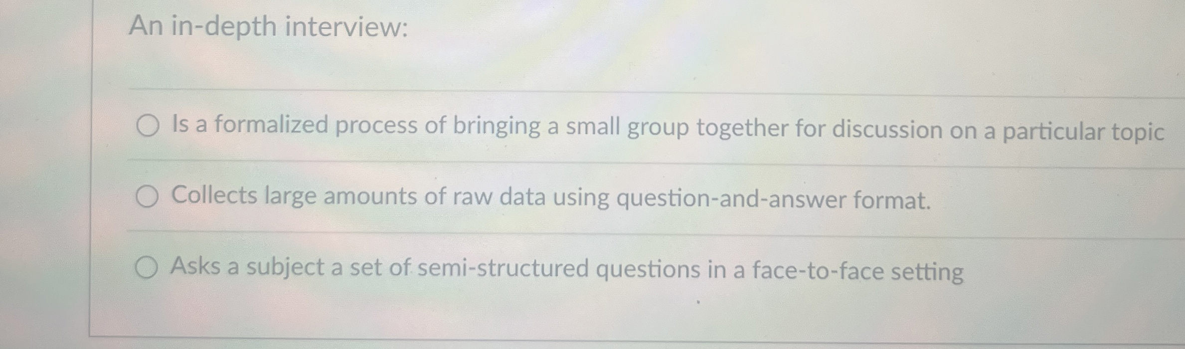  An in-depth interview: Is a formalized process of bringing a small