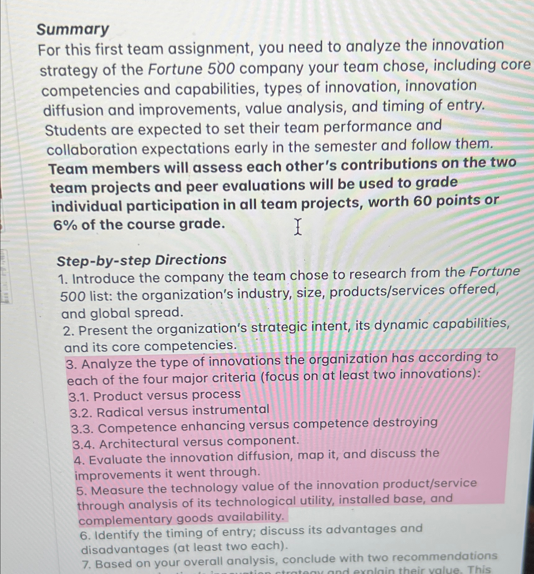  Summary For this first team assignment, you need to analyze the