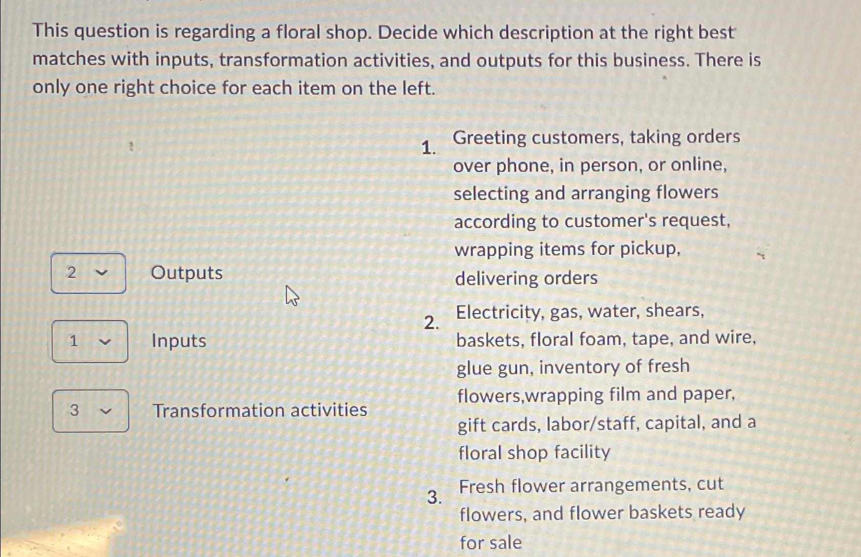  This question is regarding a floral shop. Decide which description at