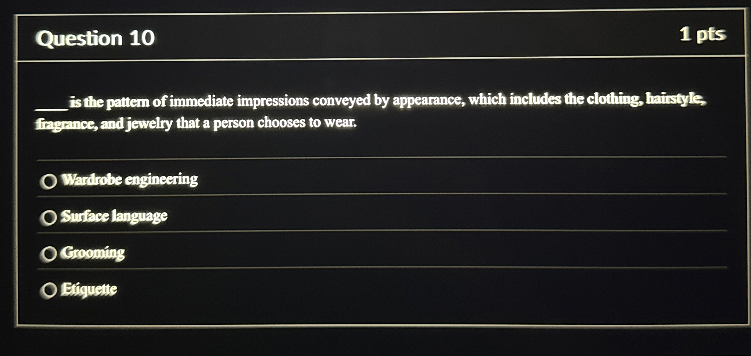  Question 10 1 pts q, is the pattern of immediate impressions